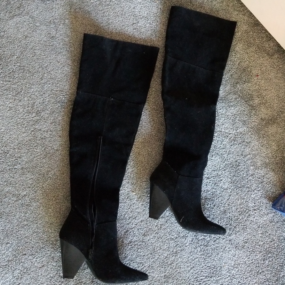 Knee high black suede boots
